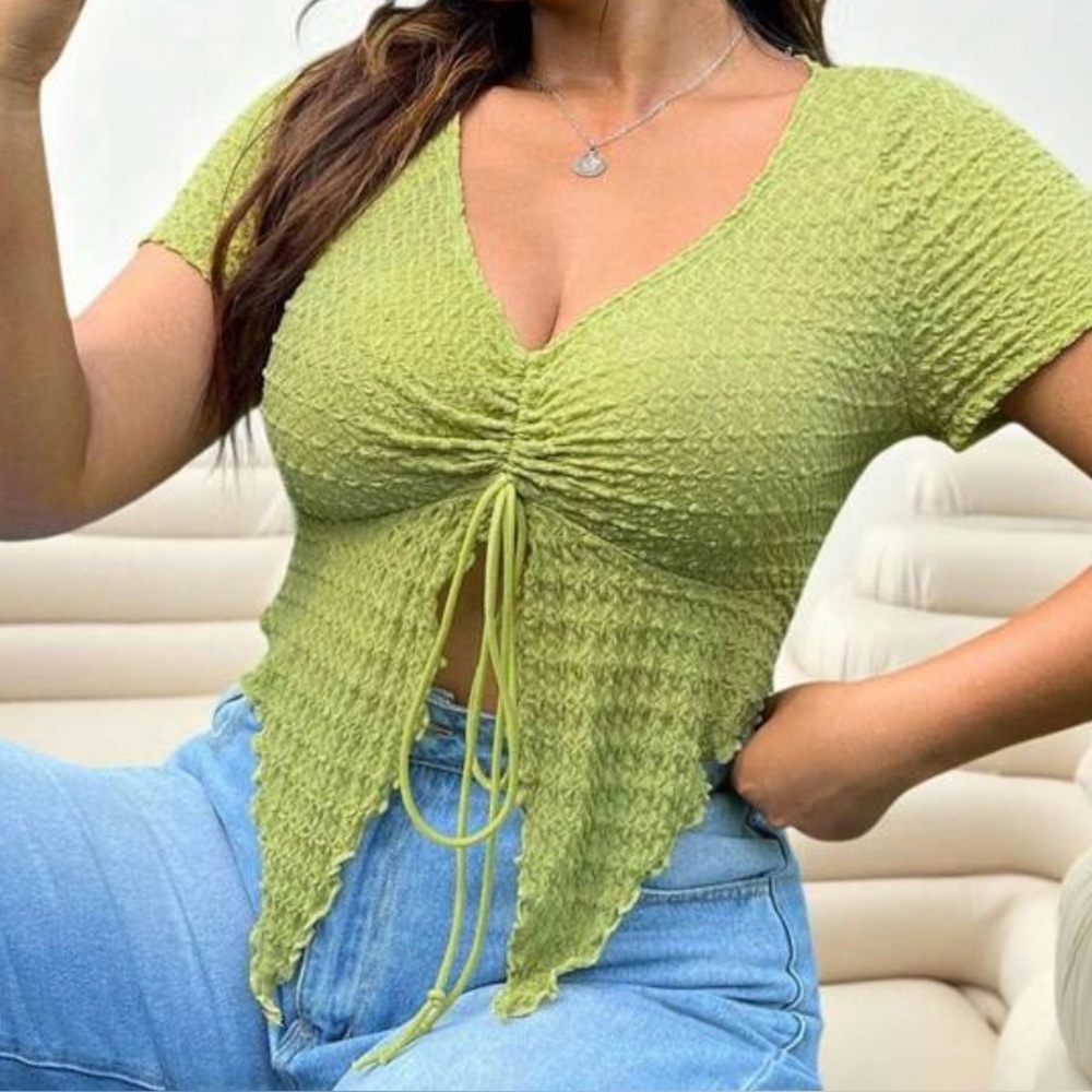SHEIN Lime Textured V-Neck Top